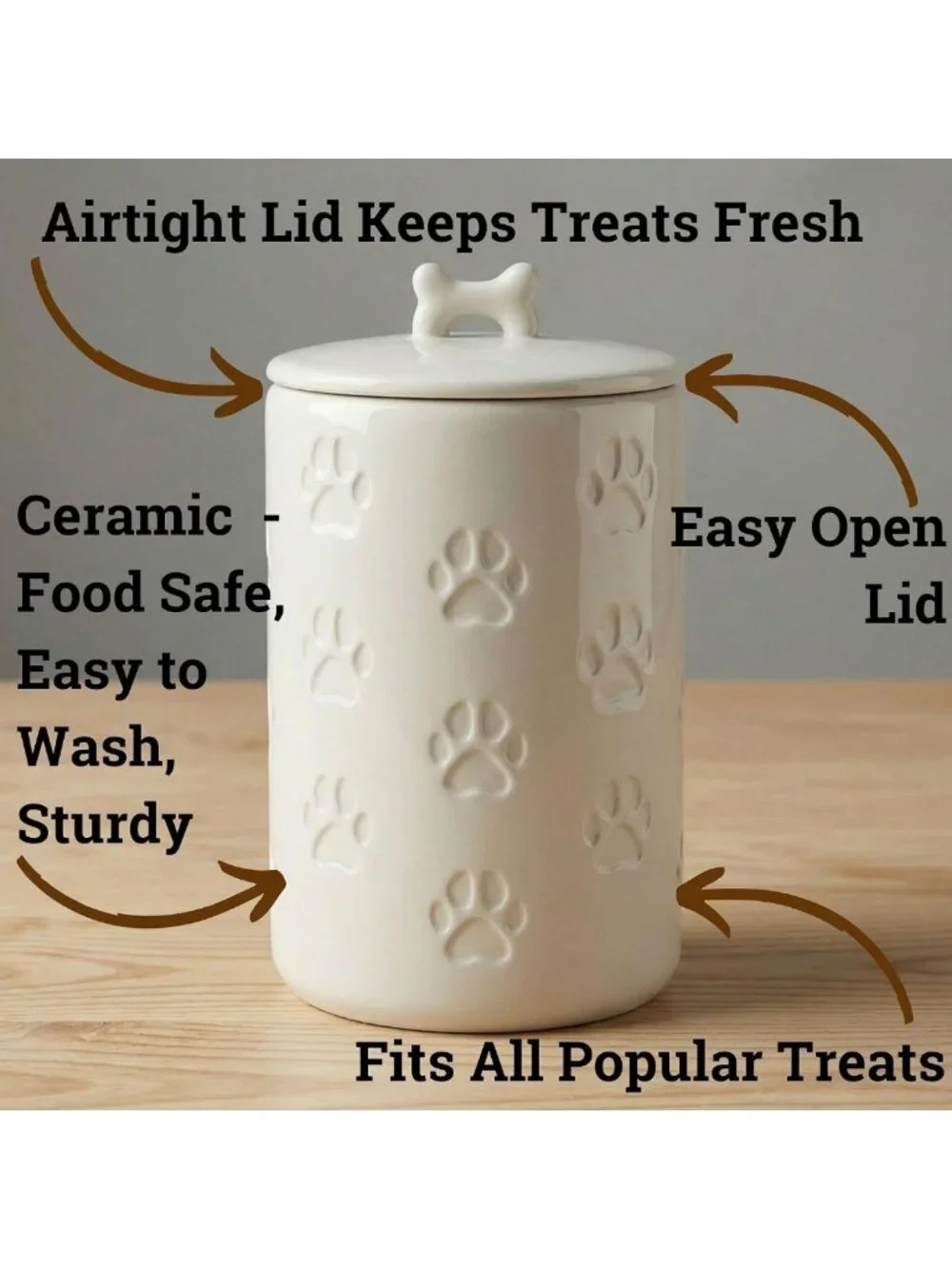 Airtight Dog Treat Container - 7 Cup Ceramic Jar for Kitchen - Cute Pet Cookie